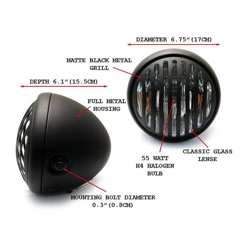 Phare avant 6,75" noir mat Café Racer style "Steampunk"