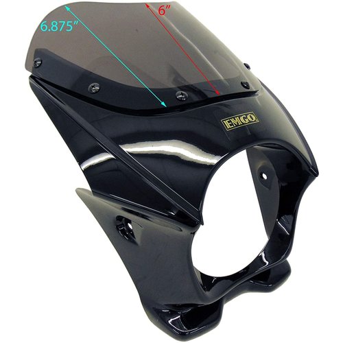 Emgo Mini Carénage Cafe Racer Pare-brise pour Phares 5.75" (14.6 cm) en Noir Brillant