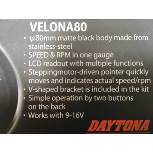Daytona Velona 80mm Snelheidsmeter & Toerenteller in Zwart met 200km/h Schaal, 0-20.000 RPM, Voltmeter en ECE-Goedkeuring