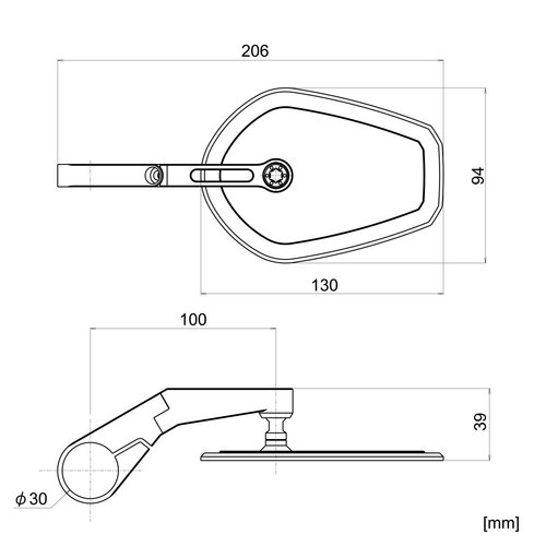 Daytona D-Mirror Piatto con Morsetto Number 15 con Stelo in Alluminio ad Angolazione Regolabile per Manubri da 22mm, 25.4mm e 30mm