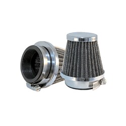 Universal Powerfilter 60mm Flansch mit 76mm Außendurchmesser, 62mm Länge, Baumwollelement, verchromter Endkappe und Edelstahlschelle