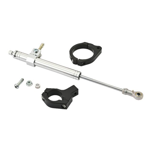 Daytona Kit de amortiguador de dirección de aluminio ajustable anodizado en plata con herraje de montaje