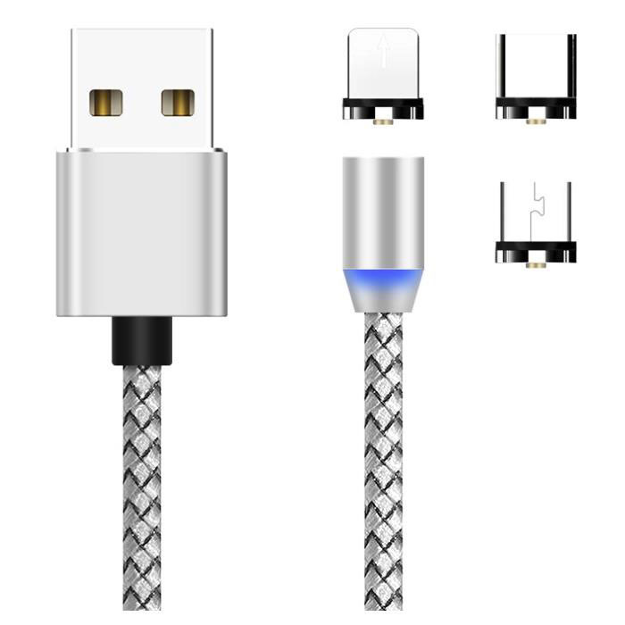 3-in-1 Magnetische Oplaadkabel Magneet met Lightning -Micro-USB-USB-C adapter 360 graden Zilver