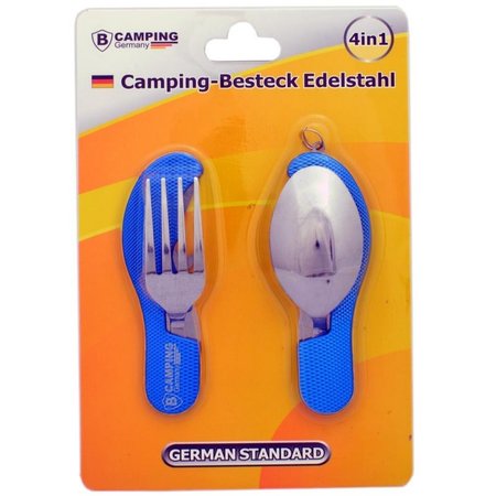 B-Camping 4-in-1 Campingbesteck Klappbar - Gabel / Löffel / Messer / Flaschenöffner - Edelstahl - Überlebensbesteck