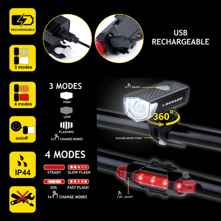 Dunlop Bicycle Light Set - 2 Pieces: Red / White Light - USB Rechargeable