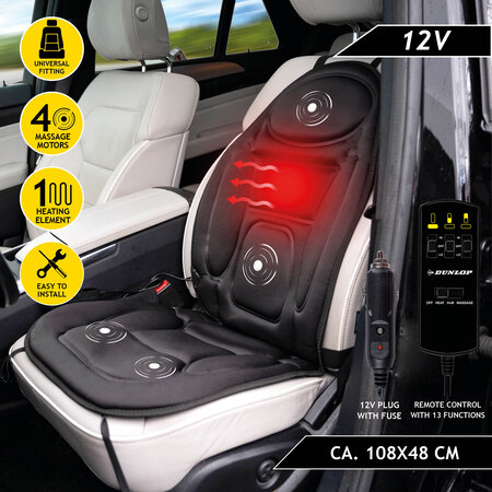 Dunlop Car Seat Massage Cushion with Heating Function - 4 Massage Motors and 1 Heating Element - Connection to Car Cigarette Lighter - Black