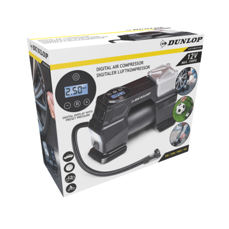 Dunlop Digital Air Compressor - Tire Inflator 150PSI/10Bar - Incl. 3 Attachments - Digital LED Display - Black