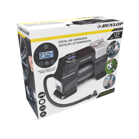 Dunlop Digitale Luchtcompressor - Bandenpomp 150PSI/10Bar - Incl. 3 Opzetstukken - Digitaal LED Display - Zwart