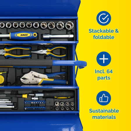 Kinzo Tool set - Metal Tool Box - 64 pieces - CR-V steel - Blue