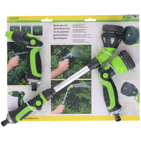 Kinzo  3-Piece Spray Head Set Garden Hose - Spray Gun, Spray Gun and Extendable Spray Head 15" - 8 Spray Positions - Garden Hose Connection - Green/Black