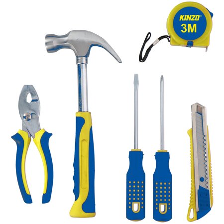 Kinzo Werkzeugset - 6-teilig - Hammer, Maßband, Messer, Schraubendreher und Zange