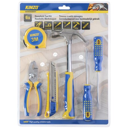 Kinzo Werkzeugset - 6-teilig - Hammer, Maßband, Messer, Schraubendreher und Zange