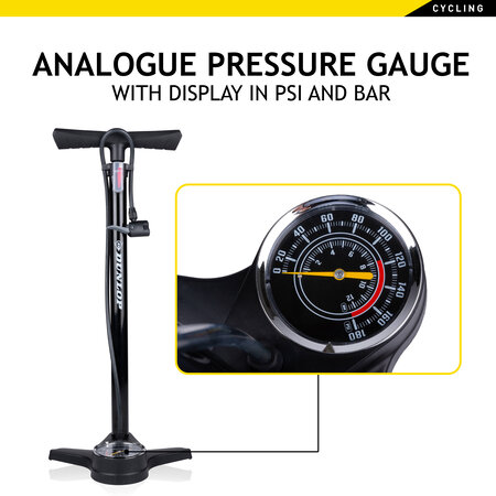 Dunlop Bicycle Pump with Pressure Gauge - Double Valve - Dutch Valve / French Valve / Car Valve
