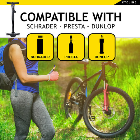 Dunlop Bicycle Pump with Pressure Gauge - Double Valve - Dutch Valve / French Valve / Car Valve