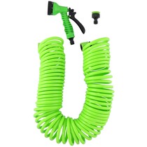 Flexibler Gartenhub 15 Meter - inkl. Sprühkopf und Schnellkupplung – 7 Sprühfunktionen – Spiralschlauch – UV-beständig – PVC – Grün