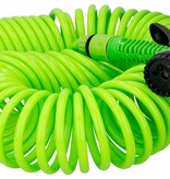 Kinzo Flexibler Gartenhub 15 Meter - inkl. Sprühkopf und Schnellkupplung – 7 Sprühfunktionen – Spiralschlauch – UV-beständig – PVC – Grün