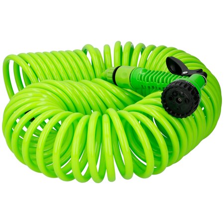 Kinzo Flexible Garden Stroke 15 Meter - Incl. Spray head and quick coupling - 7 spray functions - Spiral hose - UV-resistant - PVC - Green