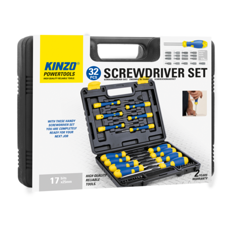 Kinzo Screwdriver set 32-piece - Incl. Case - Screwdrivers with Magnetic Tip - Black, Yellow, Blue