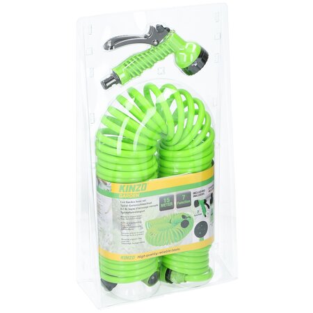 Kinzo Flexible Garden Stroke 15 Meter - Incl. Spray head and quick coupling - 7 spray functions - Spiral hose - UV-resistant - PVC - Green