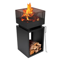 BBQ Collection Fire Basket with Spark Screen - Garden Fireplace 39 x 39 x 85 cm - Outdoor Fireplace with Poker and Firewood Storage
