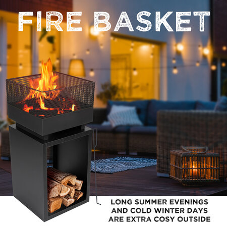 BBQ Collection BBQ Collection Fire Basket with Spark Screen - Garden Fireplace 39 x 39 x 85 cm - Outdoor Fireplace with Poker and Firewood Storage