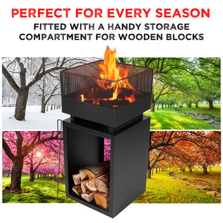 BBQ Collection BBQ Collection Fire Basket with Spark Screen - Garden Fireplace 39 x 39 x 85 cm - Outdoor Fireplace with Poker and Firewood Storage