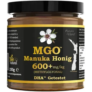 Manuka Honing / Honig - BEE NATURAL MANUKA-HONIG MGO® 600+ / IN EINEM ECHTGLAS GLAS / 250g MANUKA-HONIG