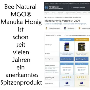 Manuka Honing / Honig - BEE NATURAL MANUKA-HONIG MGO® 600+ / IN EINEM ECHTGLAS GLAS / 250g MANUKA-HONIG