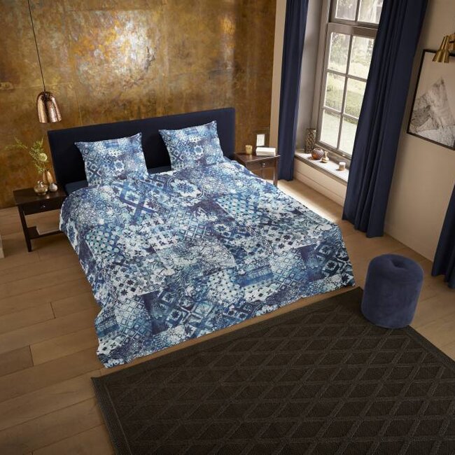 Katoensatijn dekbedovertrek Ernesto blauw  - 200x220 cm