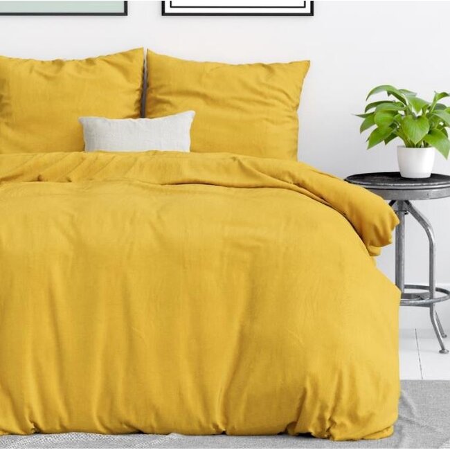 Katoen dekbedovertrek Stone washed - mosterd geel