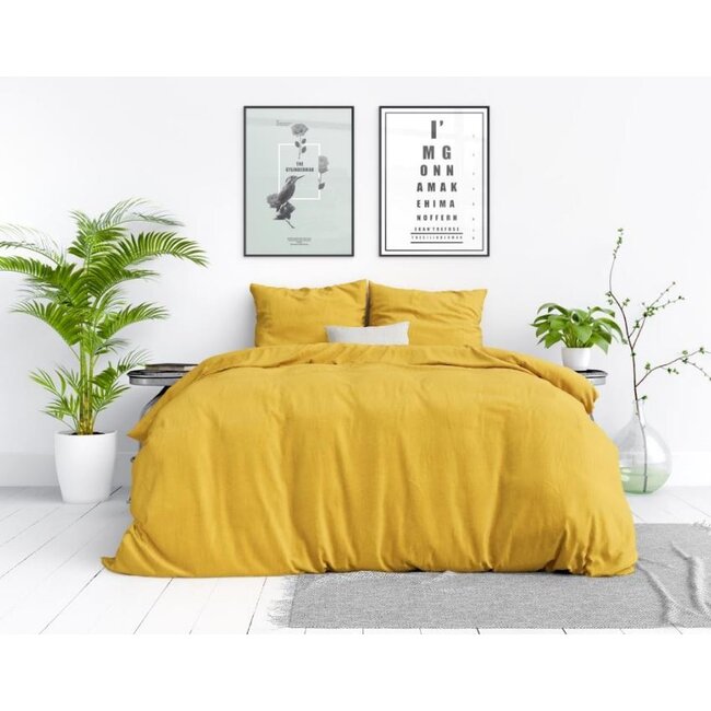 Katoen dekbedovertrek Stone washed - mosterd geel