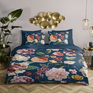 Descanso Katoen satijn dekbedovertrek Fiori blauw - 140x220 + 60x70cm