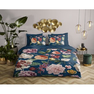 Descanso Katoen satijn dekbedovertrek Fiori blauw - 140x220 + 60x70cm