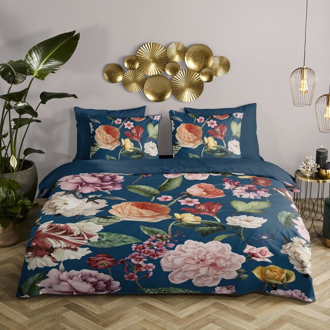 Katoen satijn dekbedovertrek Fiori blauw - 140x220 + 60x70cm