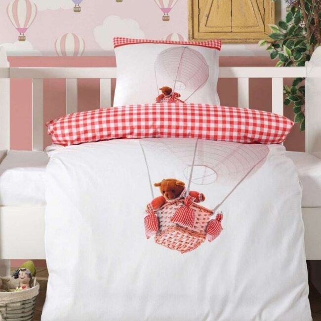 Decoware ledikant dekbedovertrek Luchtballon beer rood - katoen - 100x140 + 40x60 cm