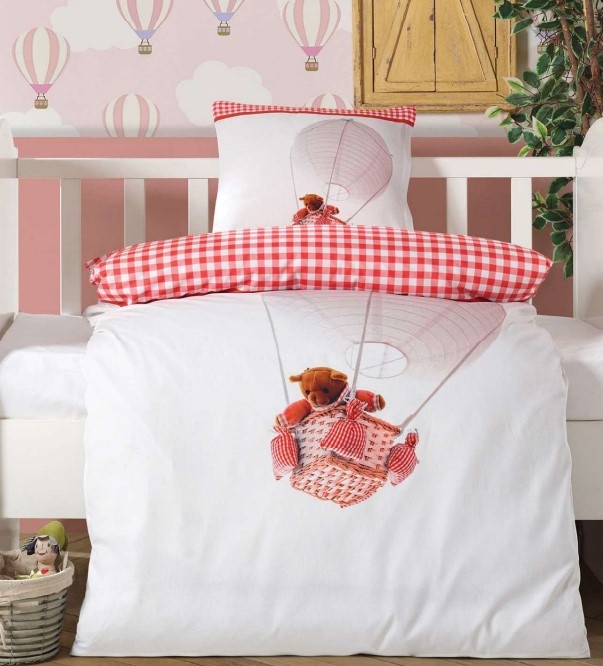 Ledikant dekbedovertrek Luchtballon beer rood - katoen - 100x140 + 40x60 cm