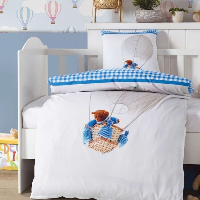 Decoware ledikant dekbedovertrek Luchtballon beer blauw - katoen - 100x140 + 40x60 cm