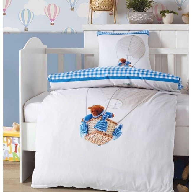 Decoware ledikant dekbedovertrek Luchtballon beer blauw - katoen - 100x140 + 40x60 cm