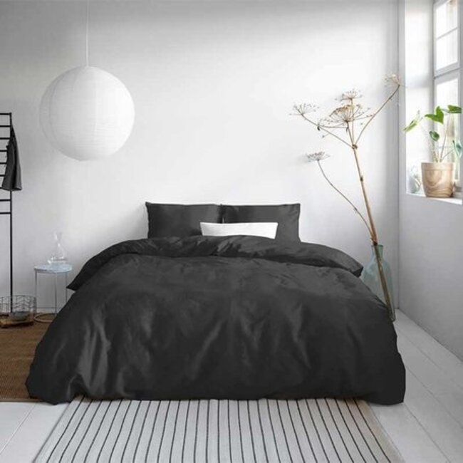 Katoen satijn dekbedovertrek uni - zwart