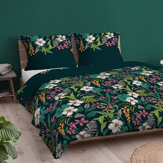 Katoen satijn dekbedovertrek bloemen petrol blauw - 140x200 + 70x80 cm