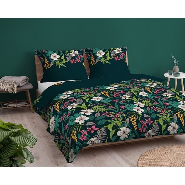 Katoen satijn dekbedovertrek bloemen petrol blauw - 140x200 + 70x80 cm