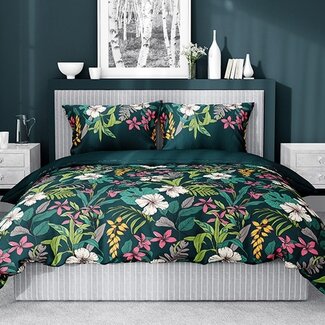 Holland Katoen satijn dekbedovertrek bloemen petrol blauw - 140x200 cm