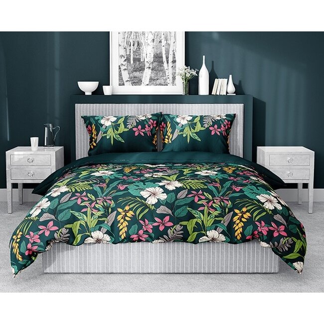 Katoen satijn dekbedovertrek bloemen petrol blauw - 140x200 + 70x80 cm