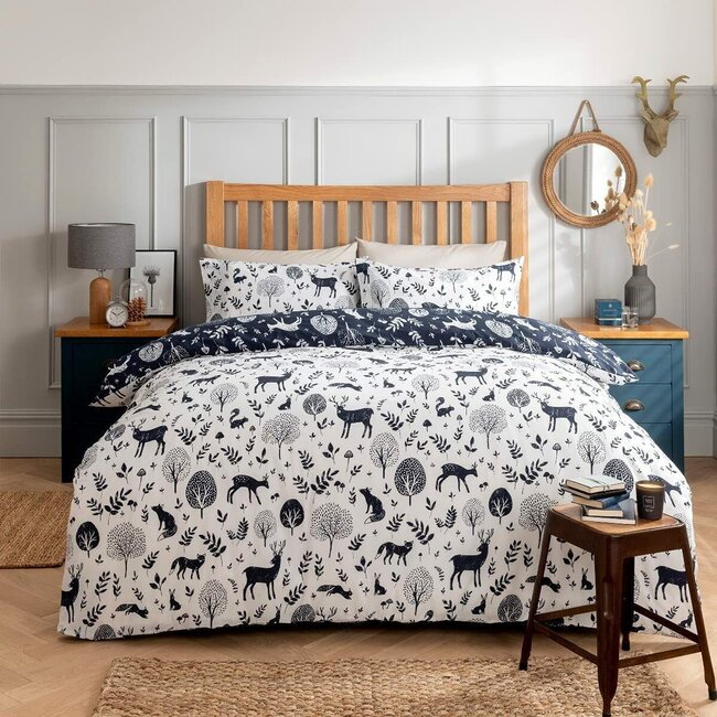 Polykatoen dekbedovertrek Woodlands - Navy - eenpersoons  (135x200 + 50x75 cm)