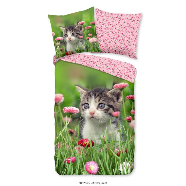 Katoen kinderdekbedovertrek kitten bloemen - 140x220 + 60x70 cm