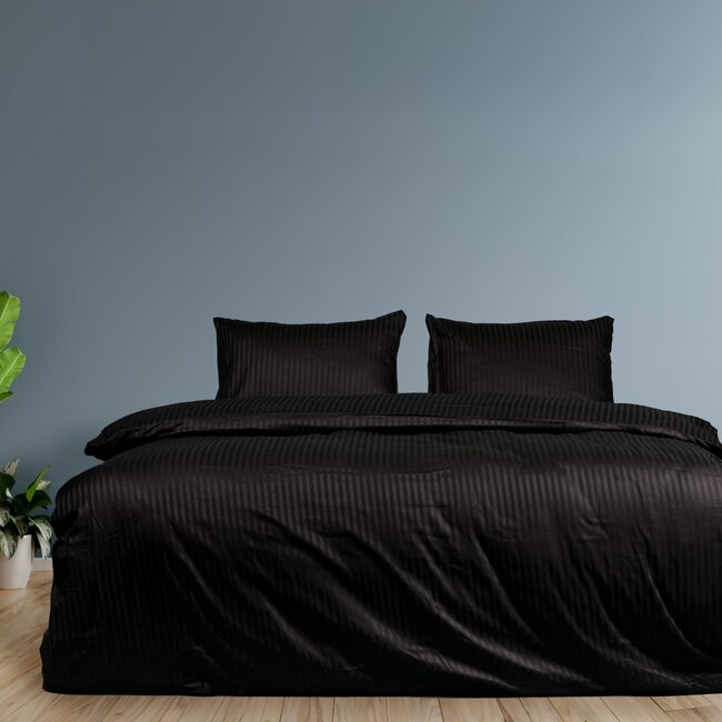 Hotelstreep dekbedovertrek - zwart - katoen satijn