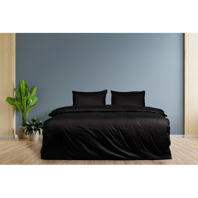 Hotelstreep dekbedovertrek - zwart - katoen satijn