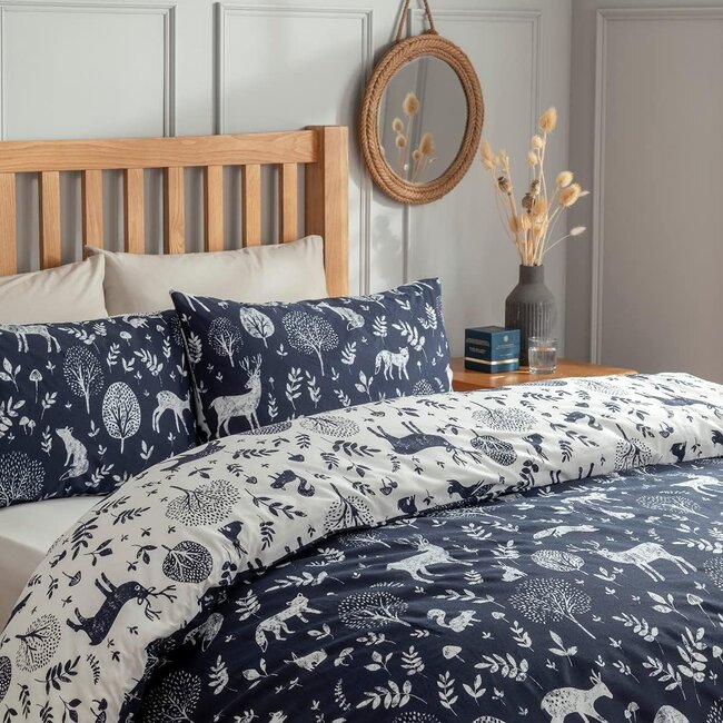 Polykatoen dekbedovertrek Woodlands - Navy - eenpersoons  (135x200 + 50x75 cm)
