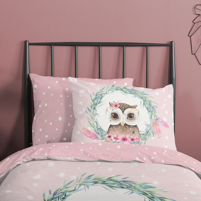 Katoen kinderdekbedovertrek uil roze - 140x220 + 60x70 cm