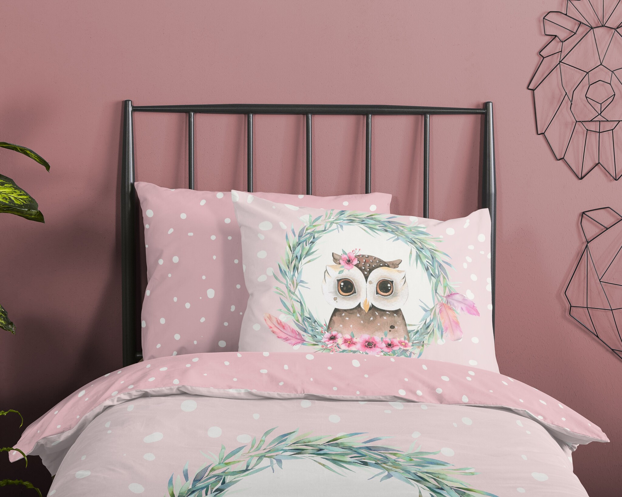 Good Morning kinderdekbedovertrek uil roze - katoen - 140x220 + 60x70 cm